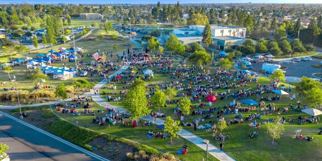 Aerial view of a community park in Fountain Valley, California, representing supportive local environments and outpatient addiction treatment services at Breakaway Health.