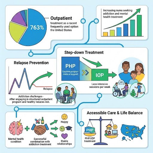 Infographic showing outpatient rehab benefits, step-down treatment programs, relapse prevention, and flexible addiction recovery care across the United States