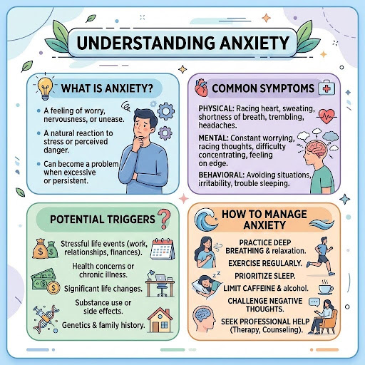 Infographic explaining anxiety symptoms, causes, triggers, and anxiety management techniques for improving mental health and emotional wellness