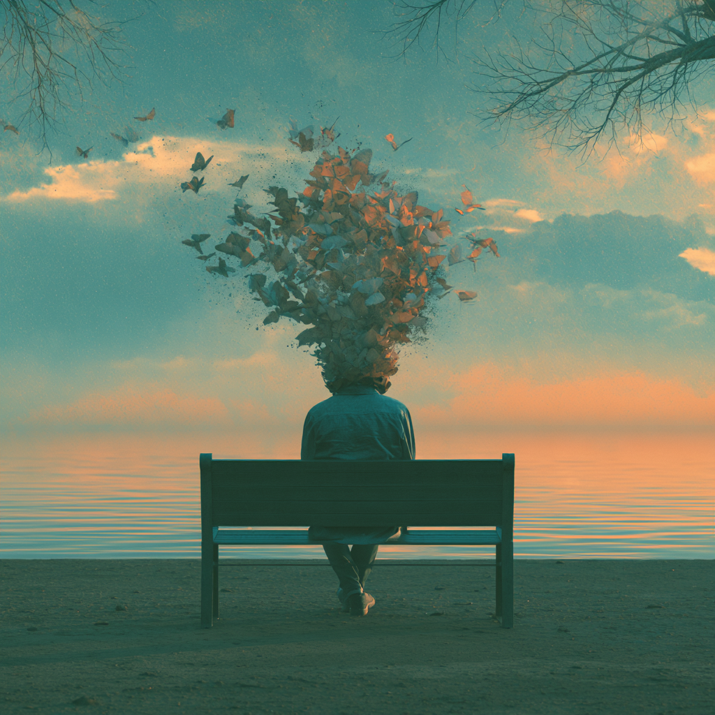 Symbolic image of mental health recovery with butterflies emerging from a person's thoughts, representing hope and healing at Breakaway in Costa Mesa