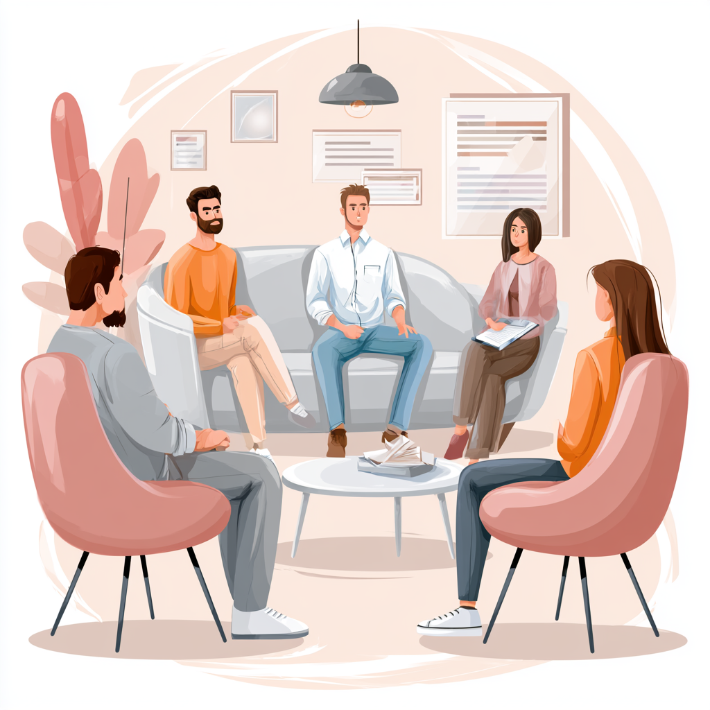 Illustration of individuals participating in an Intensive Outpatient Program (IOP) group therapy session at Breakaway Health in Costa Mesa, CA, highlighting evidence-based counseling, peer support, and structured mental health and addiction treatment in a supportive outpatient setting.